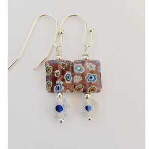 Small Earrings Floral Purple and Blue One Inch Dangle Earrings Jewelry Gift Girl